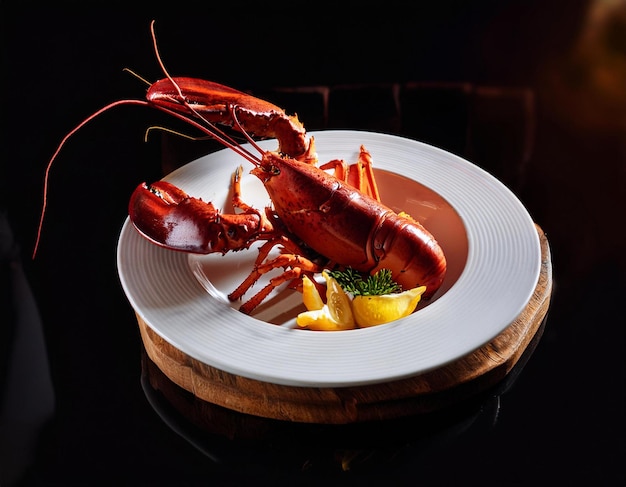 Photo elegant gourmet grilled lobster dish with lemon and sauces fine dining seafood plate for restauran