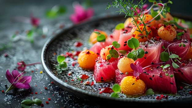 Elegant Gourmet Sashimi Platter with Melon Balls and Edible Flowers for Fine Dining