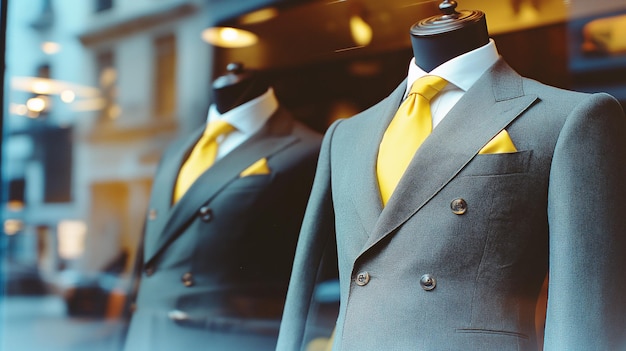 Photo elegant gray suits with yellow ties on mannequins in highend menswear store window display