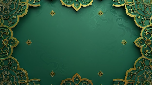 Elegant green and gold ornamental banner design with intricate patterns and floral motifs