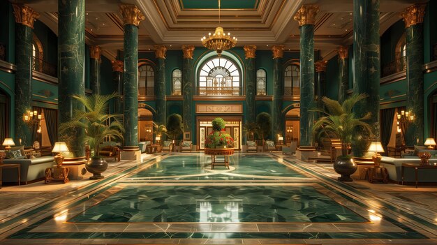 Elegant green marble lobby with chandelier and palm trees