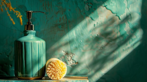 Elegant Green Soap Dispenser and Natural Sea Sponge in Artistic Bathroom Setting