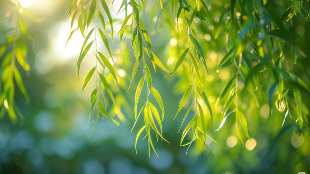 Elegant The green willow leaves in the sunlight with their delicate texture and vibrant colors cre