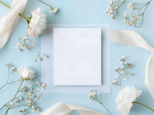 Elegant Greeting Card Mockup with White Flowers and Ribbons on Blue Background