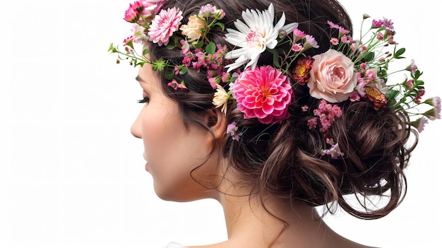 Elegant Hairstyle with Beautiful Flowers Bouquet on White Background