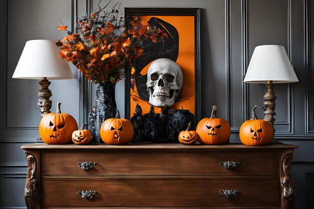 Photo elegant halloween decorations with pumpkins and skull arrangement