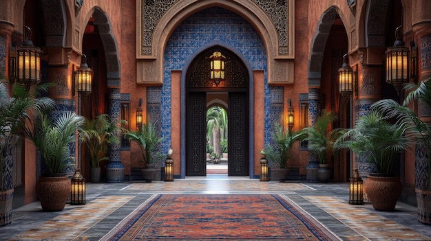 Elegant hallway with intricate architecture and lush greenery