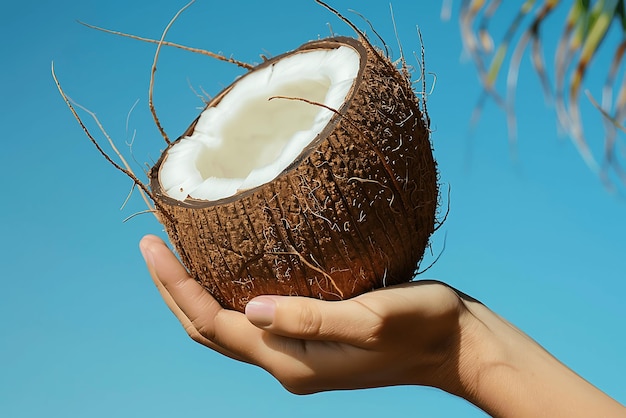 Photo elegant hand holding a coconut natures freshness in your grasp