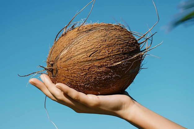 Photo elegant hand holding a coconut natures freshness in your grasp