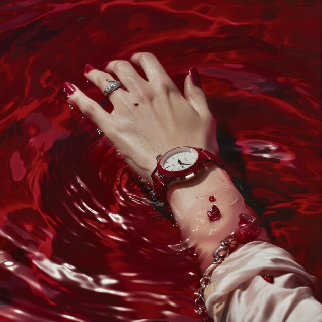 Photo elegant hand submerged in deep red liquid showcasing stylish red nail polish and luxury watch