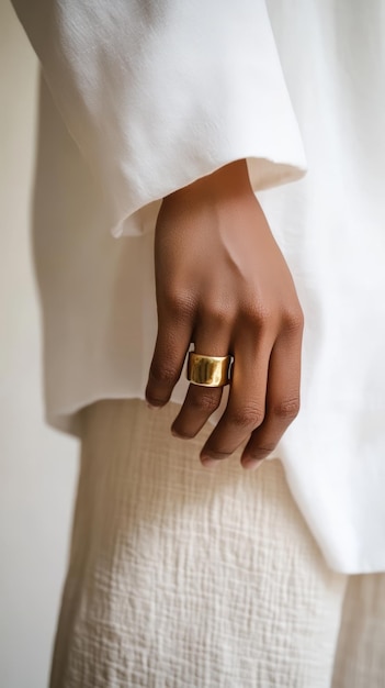 Photo elegant hand wearing a gold ring against a minimalist background in soft light