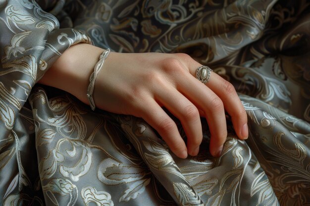 Photo elegant hand with silver bracelet and ring