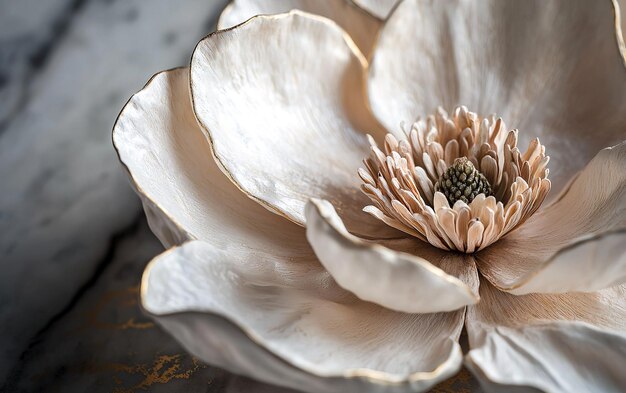 Photo elegant handcrafted flower with delicate petals and intricate details resting on a marble surface in soft natural light