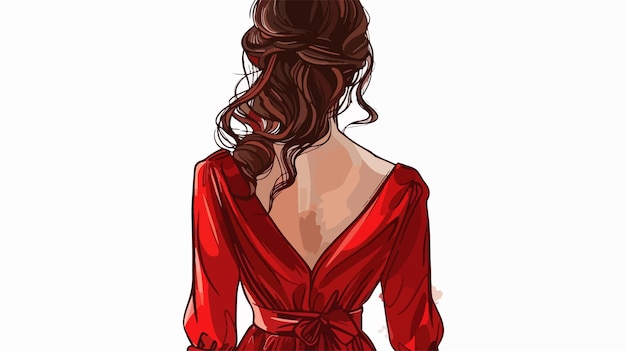 Elegant Handdrawn Vector Illustration of Young Woman in Red Dress from Rear View