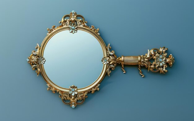 Photo elegant handheld mirror with ornate golden frame and handle