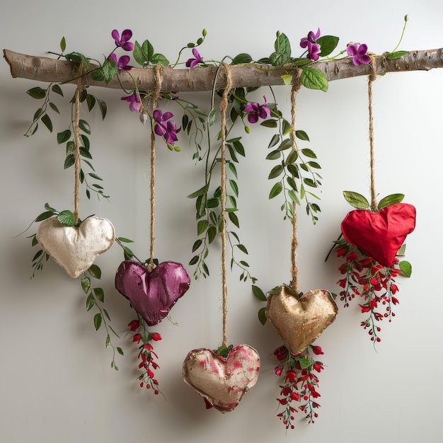 Elegant Hanging Floral Arrangement with HeartShaped Decorations and Vibrant Flowers on Rustic Branch