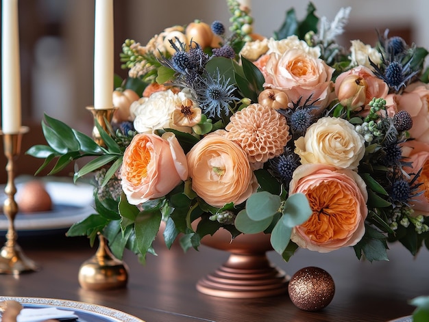 Photo elegant hanukkah table centerpiece photos featuring beautiful floral arrangements candles and holiday symbols