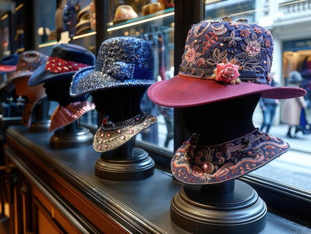 Photo elegant hats with intricate designs displayed on mannequin heads in a boutique