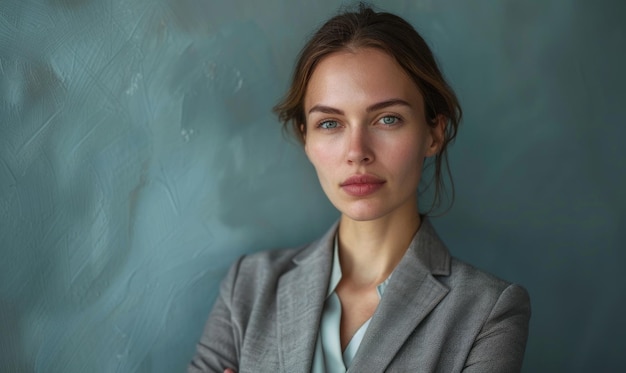 Photo elegant headshot of a professional woman in a tailored gray suit against a pale blue backdrop