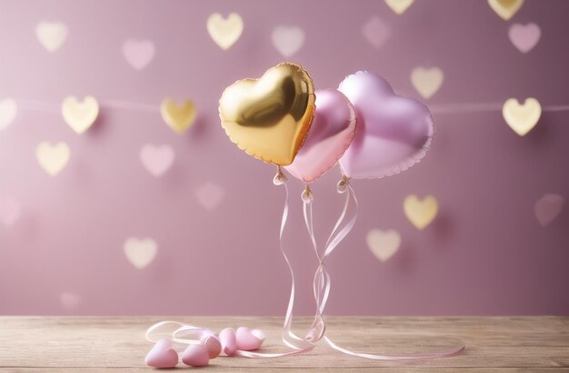 Elegant Heart Balloons Party Background Pastel and Gold Valentines Day Birthday Party Celebration Generative AI