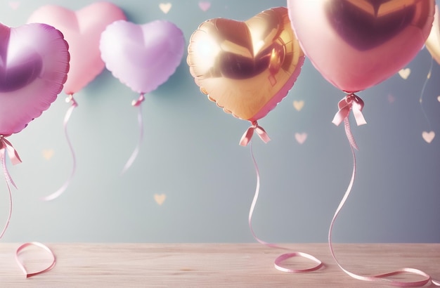 Elegant Heart Balloons Party Background Pastel and Gold Valentines Day Birthday Party Celebration Generative AI