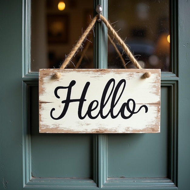 Photo elegant hello welcome sign hanging on front door