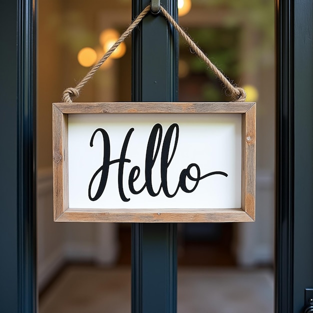 Photo elegant hello welcome sign hanging on front door