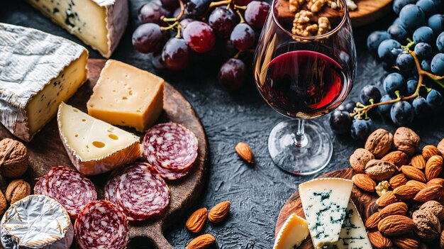 Photo elegant highangle cheese and wine pairing featuring grapes nuts and a glass of red wine