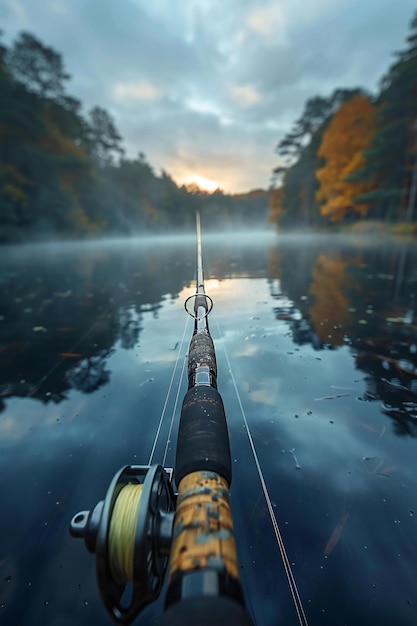 Elegant highlighting fishing rod with reel on wooden dock near lake or river at dawn close up of fi