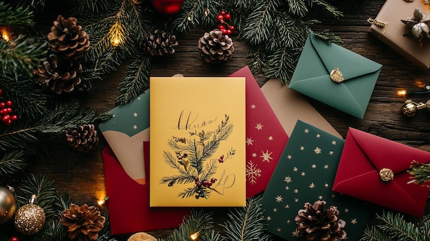 Photo elegant holiday card designs calligraphy envelopes flat lay