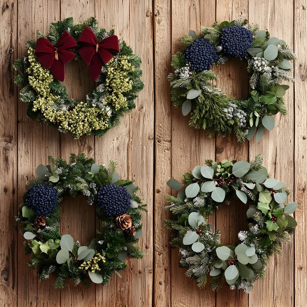 Photo elegant holiday wreaths displayed on rustic wood backdrop