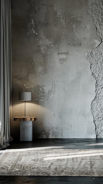 Photo elegant home interior with white ash foyer table concrete and walnut floor lamp cashmere accents