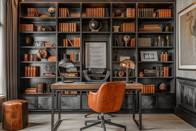 Photo elegant home office with bookshelves