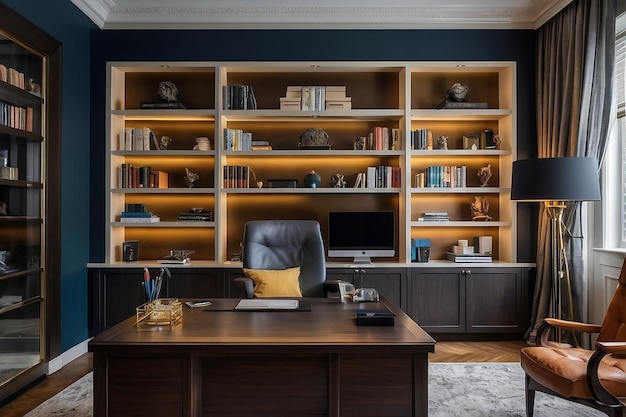 Photo elegant home office with builtin bookshelves and a lar