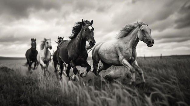 Photo elegant horses gallop across open fields