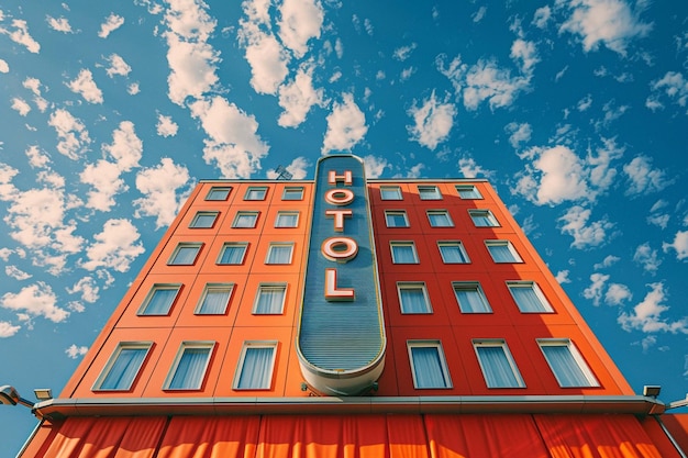 Photo elegant hotel exterior featuring prominent hotel sign for travel advertisements