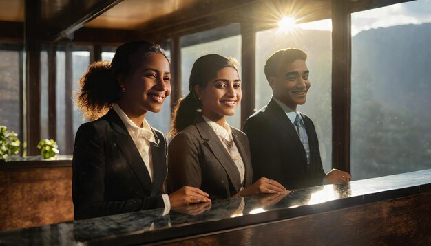 Photo elegant hotel receptionists in uniforms standing together in a luxurious welllit hotel interior