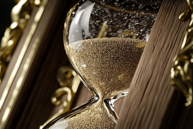 Photo an elegant hourglass captured in a closeup the shimmering sands symbolize the passage of time a vintage inspired piece that adds charm to any decor generative ai