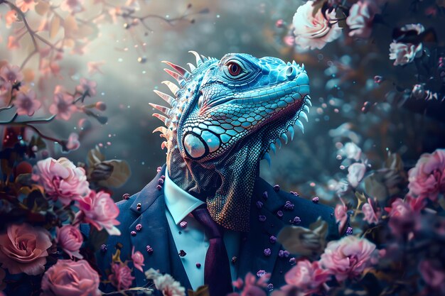 Elegant iguana in dapper suit among blossoms