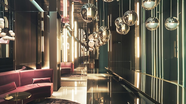 Elegant Illuminated Lobby with Mirrored Surfaces and Velvet Upholstery