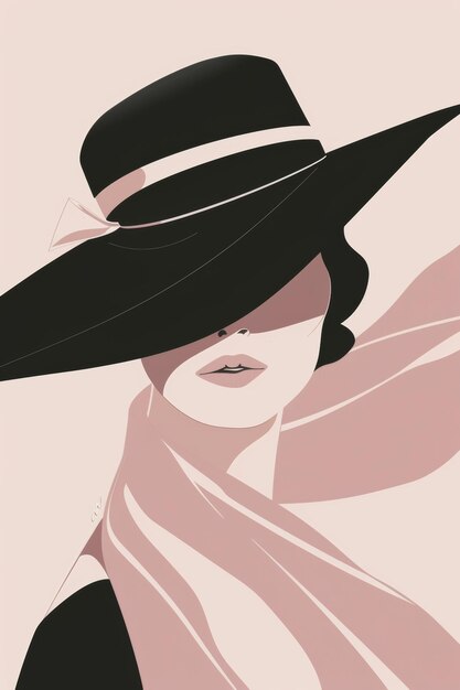 Photo elegant illustration of a woman in a widebrimmed hat and flowing scarf in pastel colors