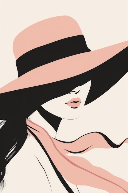 Photo elegant illustration of a woman in a widebrimmed hat and flowing scarf in pastel colors