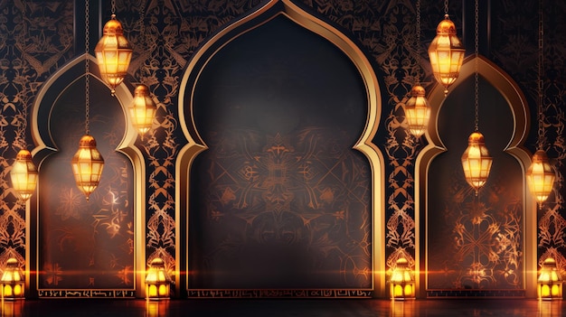 Elegant image showing ornate golden lamps hanging in an islamic inspired archway with intricate