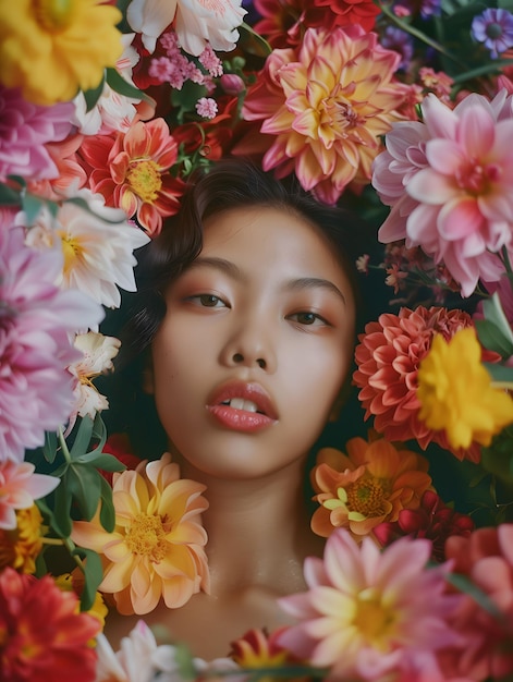 Elegant Indonesian woman enveloped by colorful blooms in a serene garden