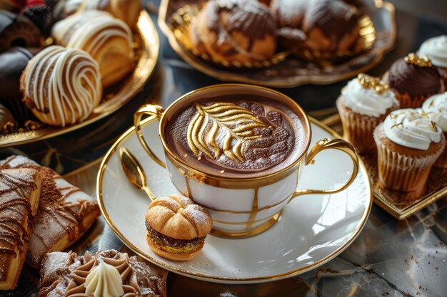 Photo elegant indulgence sumptuous french pastries with coffee and gold