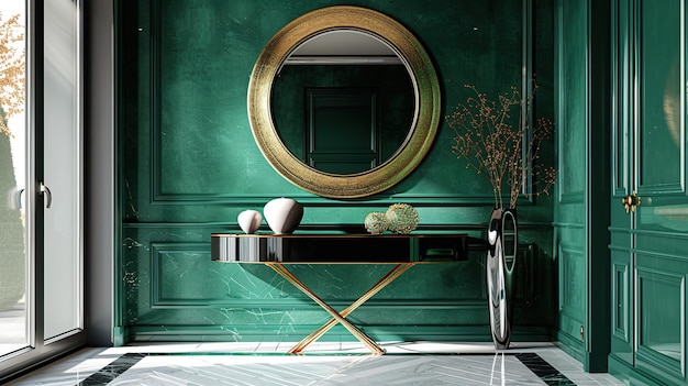 Elegant Interior Design with Green Walls Gold Mirror and Black Console Table