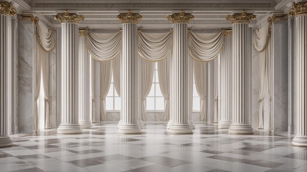 Elegant interior featuring tall columns draped curtains and a marble floor