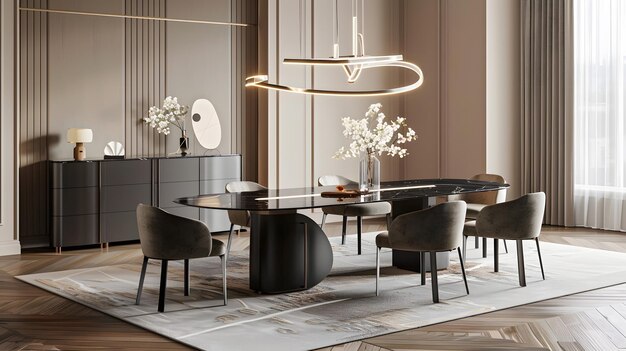 Elegant interior image of a dining room with black steel table soft tone curved back Generative AI