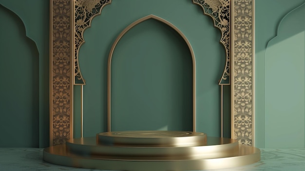 Elegant islamic architecture interior with decorated archways and a central golden platform