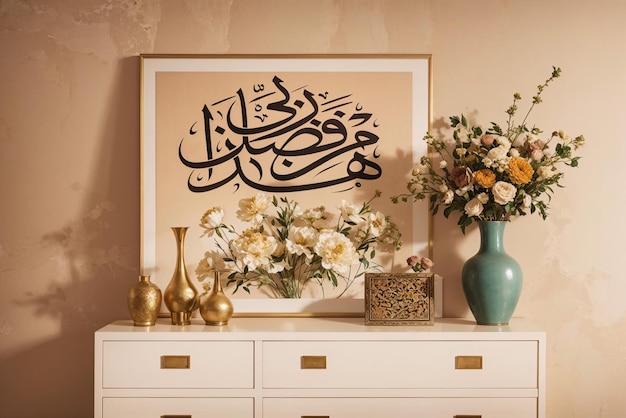 elegant islamic home decor with black and white calligraphy and flowers